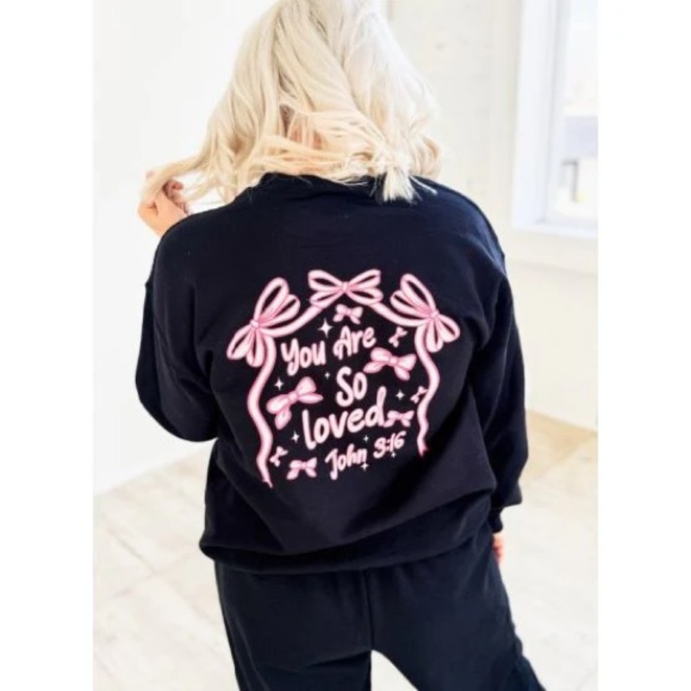 BRAND NEW WITH TAGS Black Bow Sweatshirt – You Are So Loved (John 3:16) - Picture 2 of 3